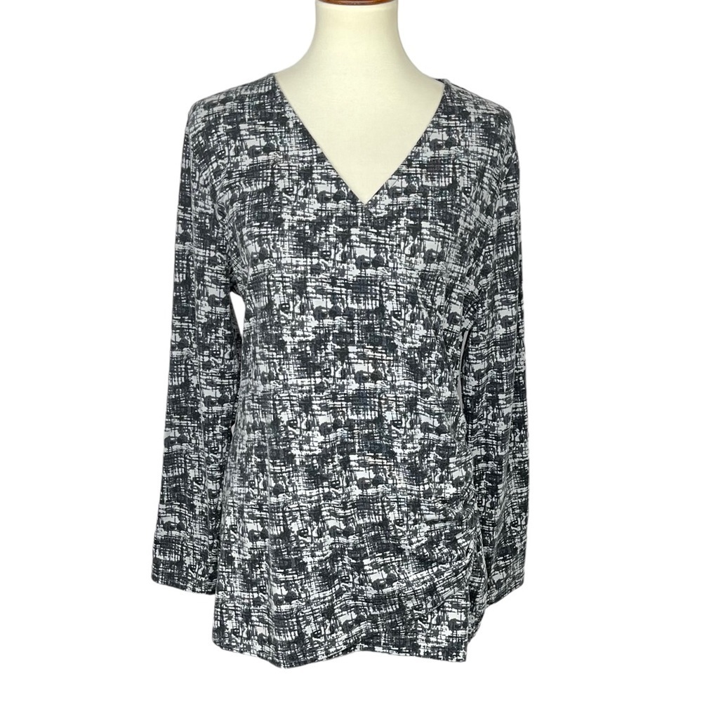 Soft Surroundings Shirt Women Large Black White Print Faux Wrap Side Ruch V-Neck
